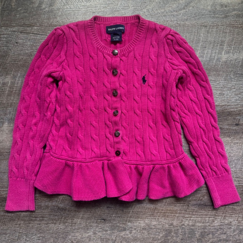 Ralph Lauren Cable Knit Peplum Cardigan Size 6 Regular Pink Ruffle Pony Logo